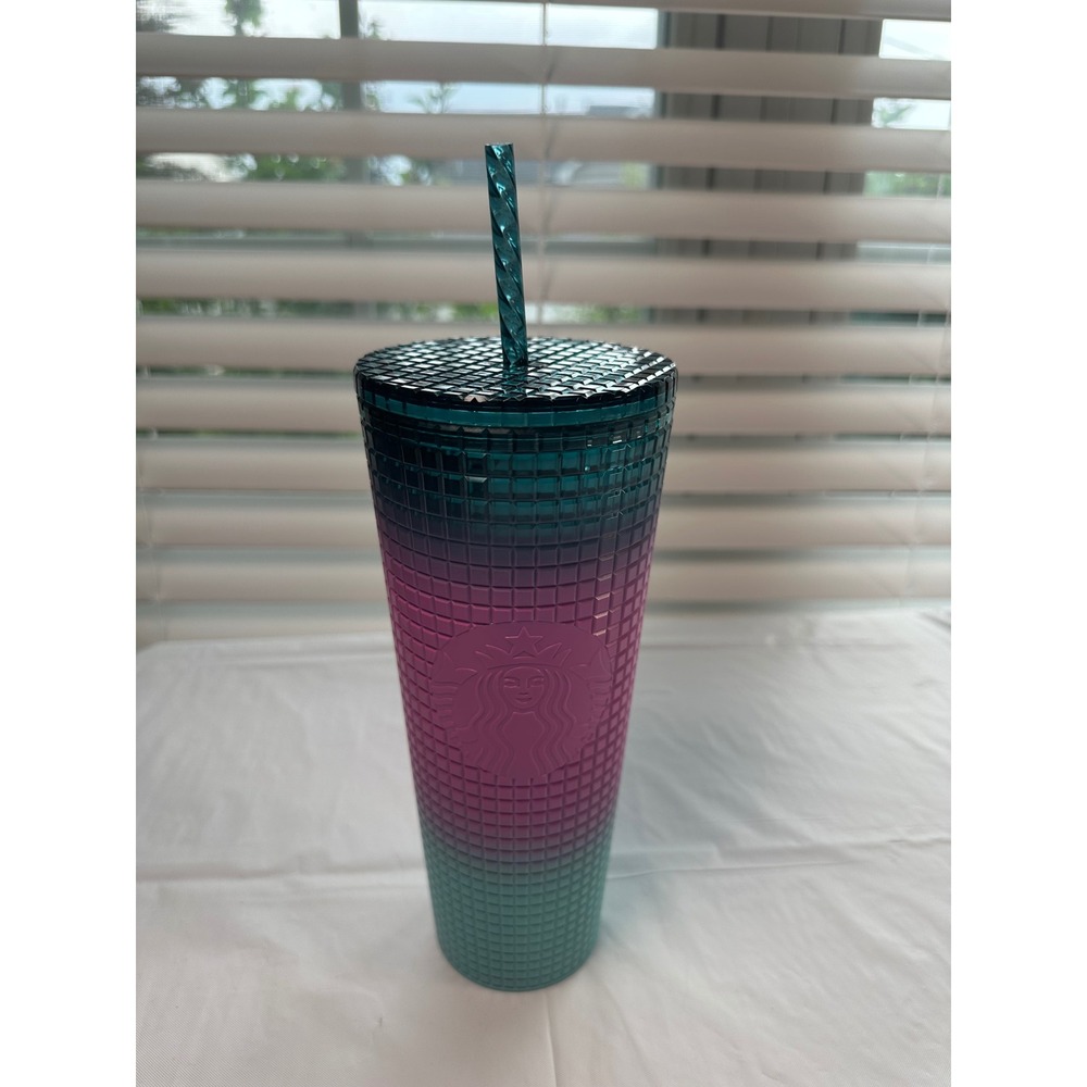 Starbucks Venti 24oz Ombre Grid Tumbler Teal Pink Aqua Studded Cold Cup